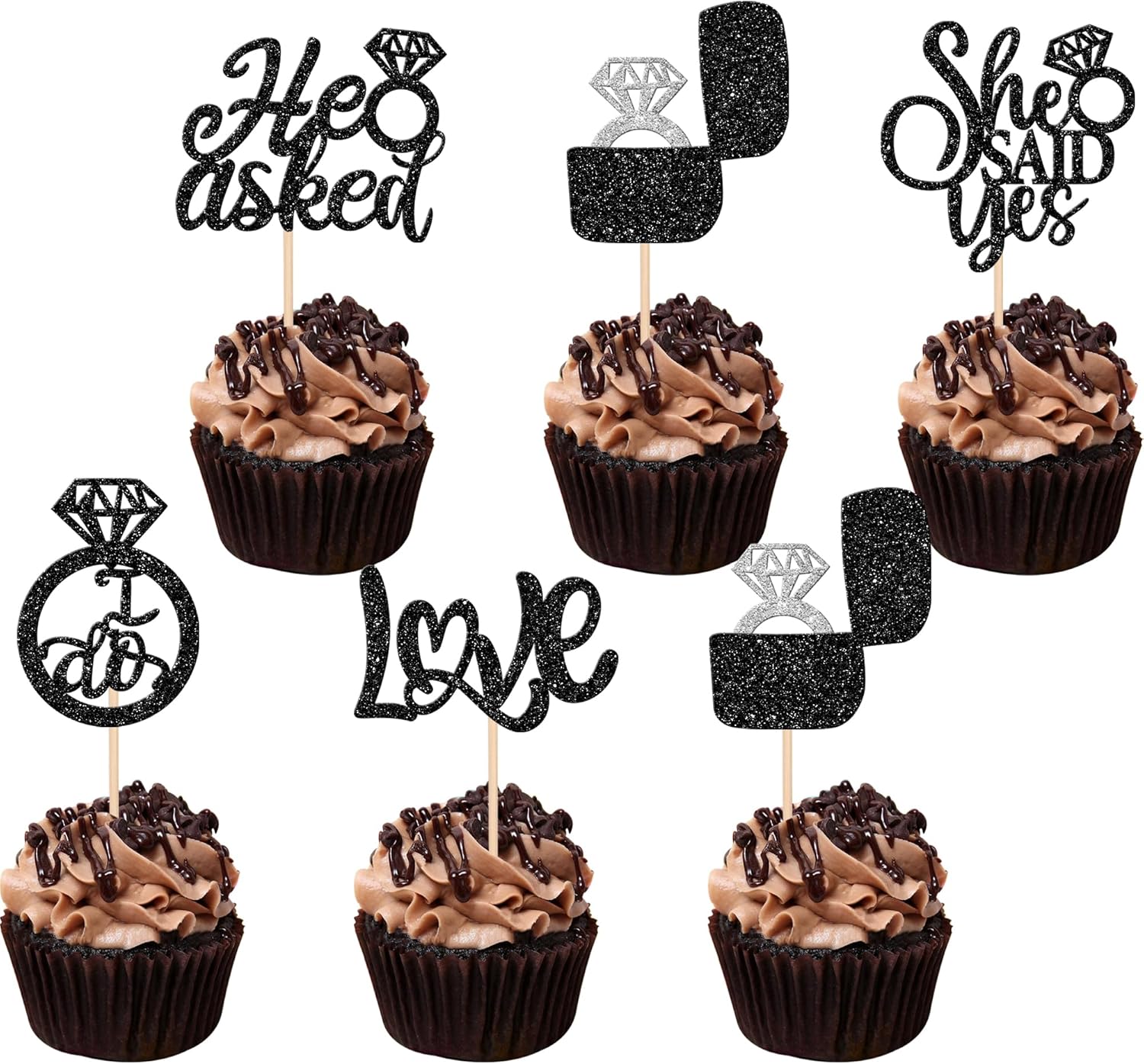 30 piezas de adornos para cupcakes con texto en inglés “He Asked She Said Yes Love I Do”, anillos de diamantes para bodas, despedidas de soltera,