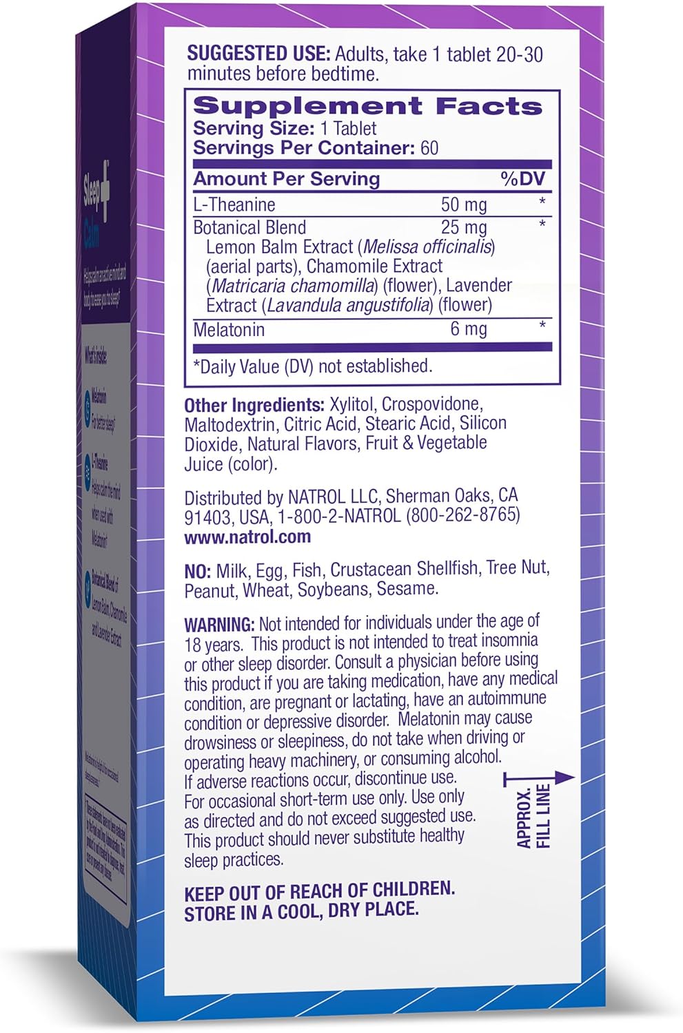Natrol Melatonina Sleep + Calm de 6 mg con L-teanina de 50 mg y una mezcla botánica, suplemento dietético para un sueño reparador y una mente y
