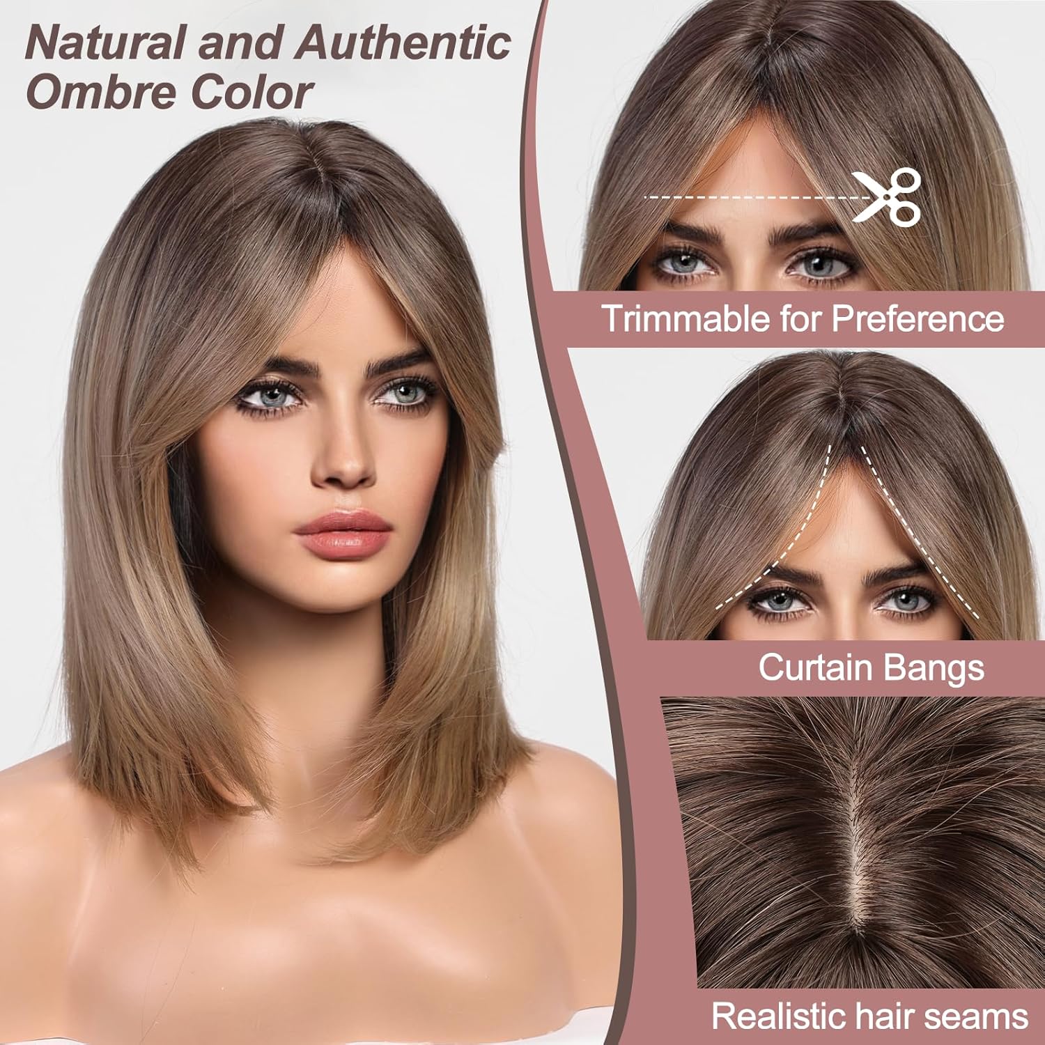 HAIRCUBE Pelucas de color marrón degradado para mujer, peluca rubia ceniza con flequillo de cortina, longitud al hombro, peluca sintética natural