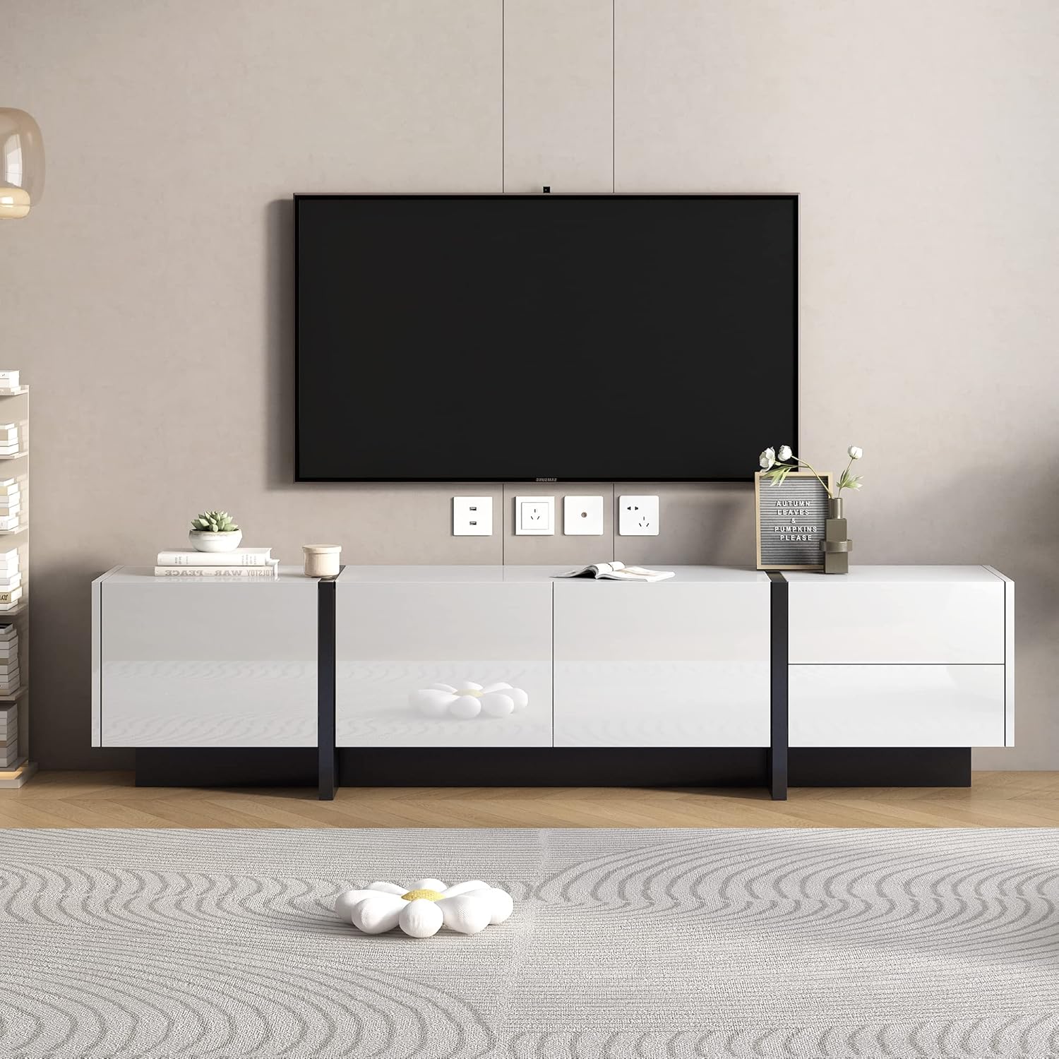 Flieks Soporte de TV para televisores de hasta 80 pulgadas, centro de entretenimiento multimedia de alto brillo UV con amplia capacidad de