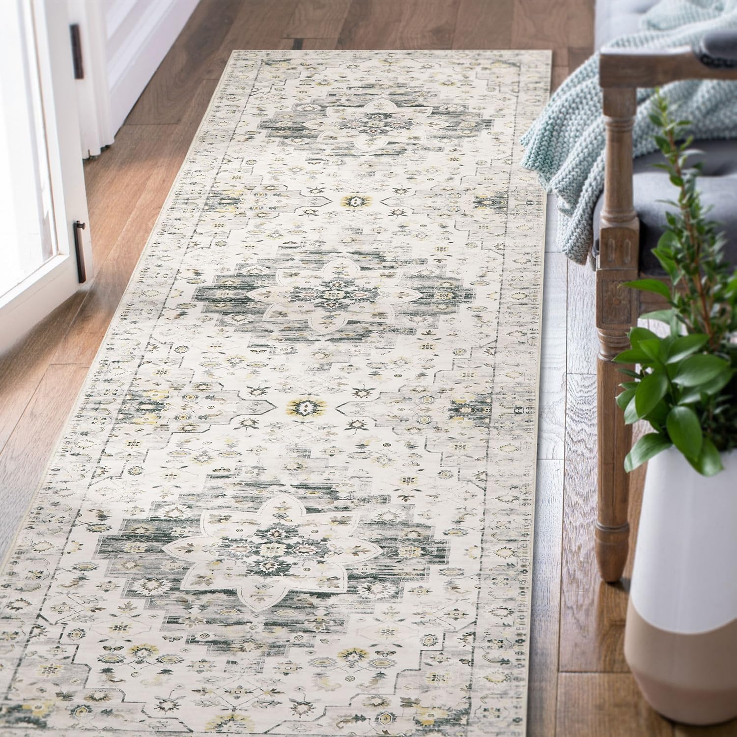 jinchan Alfombra de pasillo lavable de 2 x 7 pies, alfombra para interiores, alfombra vintage con estampado múltiple, alfombra retro, ligera,