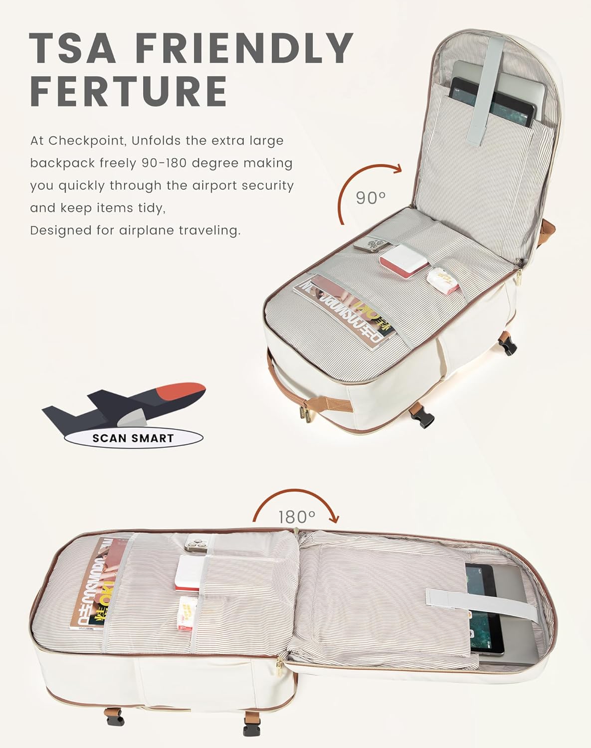 LOVEVOOK Mochila de viaje para mujeres y hombres como artículo personal aprobado por vuelo, equipaje de 40 L, Beige, Mochila de viaje, mochila de