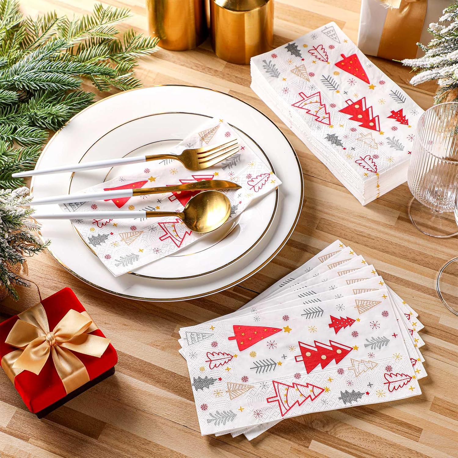Spiareal 200 toallas de papel de Navidad para invitados, toallas de mano de papel de Navidad para baño, servilletas de árbol de Navidad para