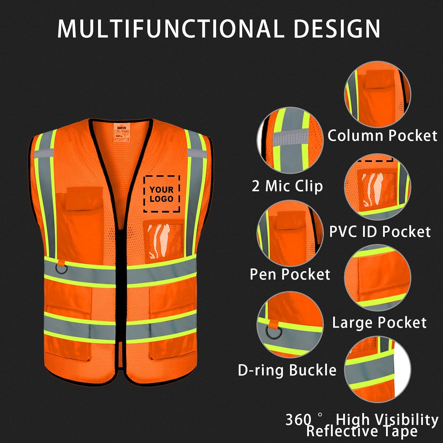 BeautyWill Chaleco de seguridad personalizado con logotipo, clase 2 personalizado de alta visibilidad, ropa de trabajo protectora para exteriores