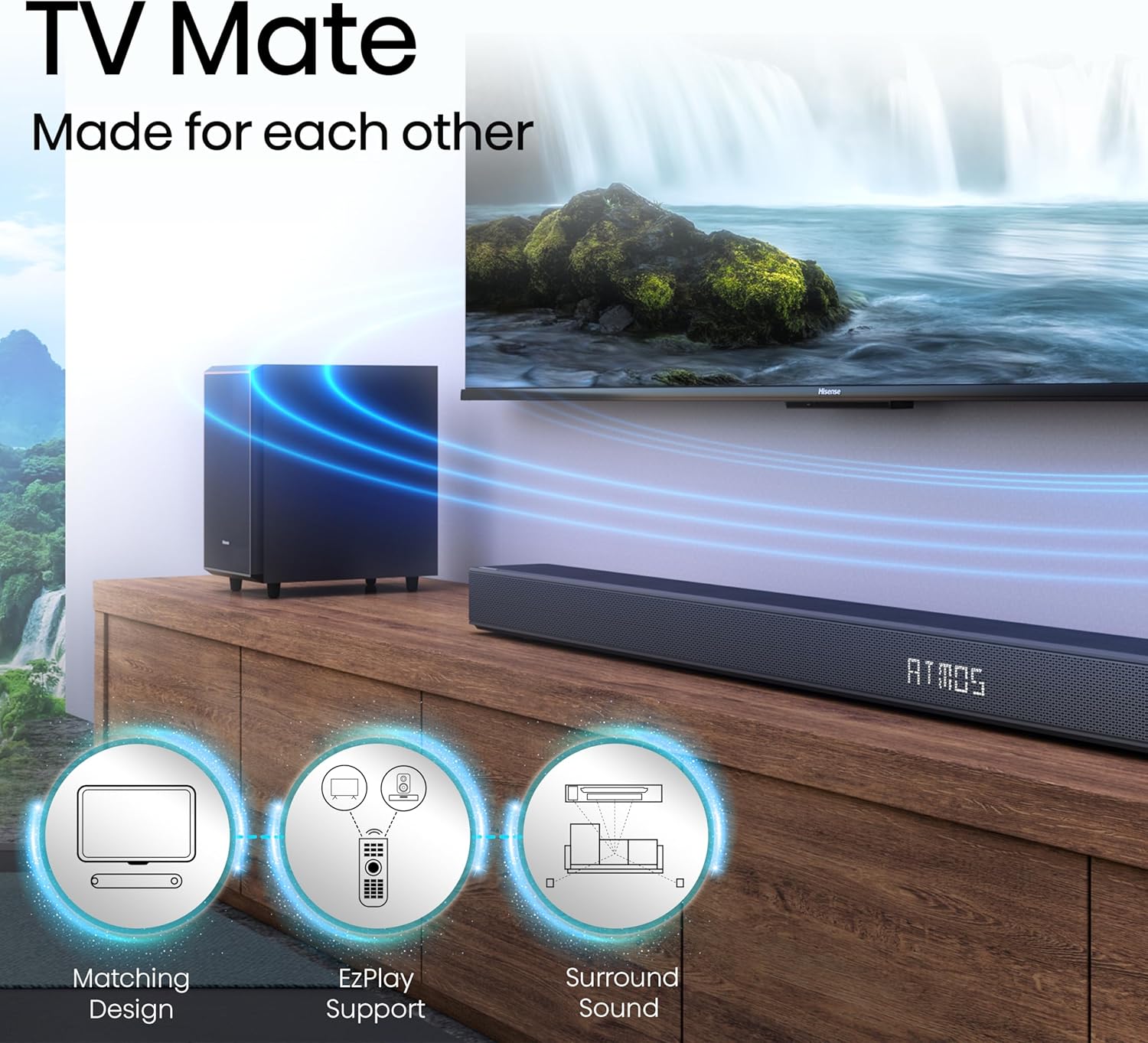 Hisense AX3125H Barra de sonido 3.1.2Ch con subwoofer inalámbrico, 440W, Dolby Atmos, Bluetooth 5.3, EzPlay, paso HDMI 4K a través de, listo para TV