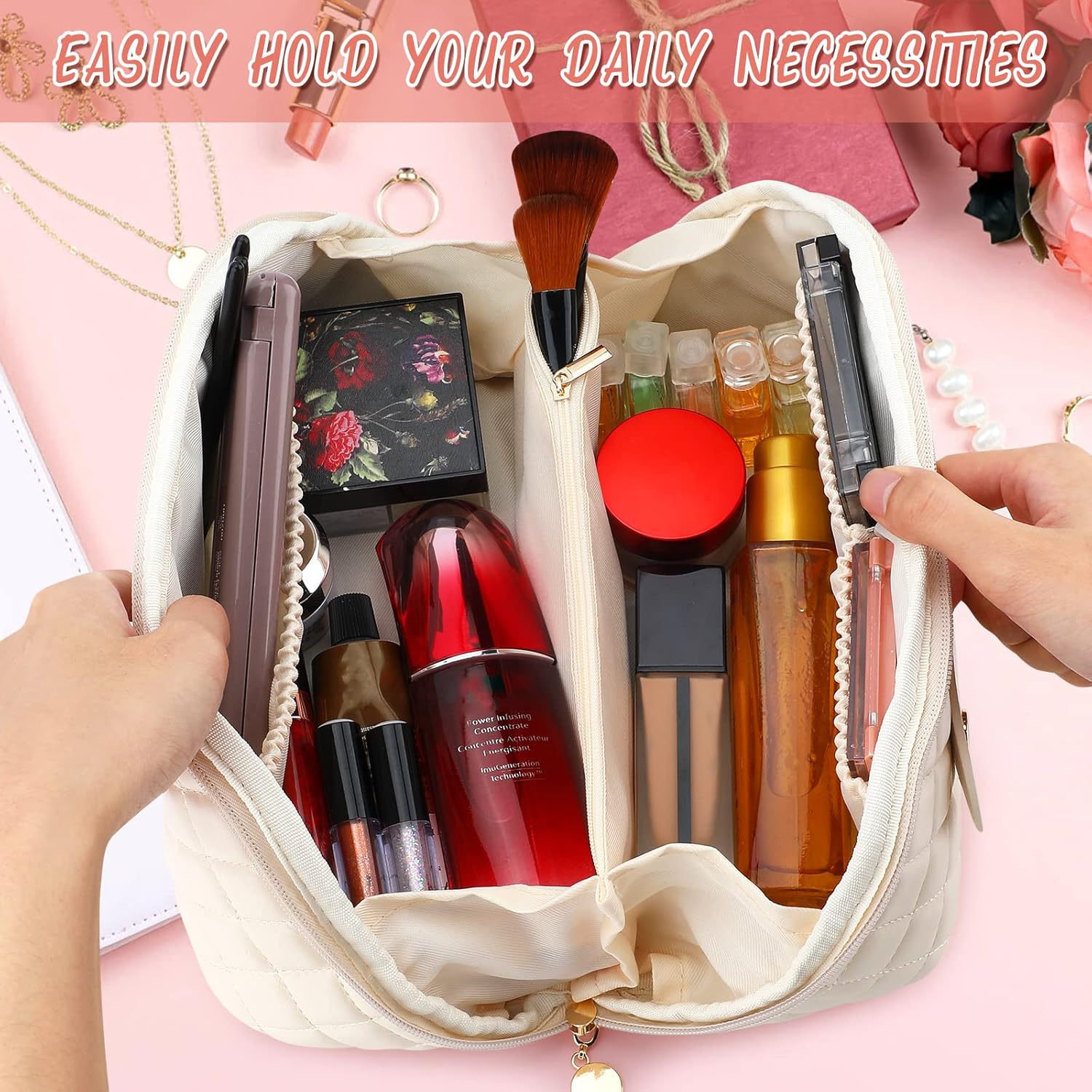 RUMIA Bolsa de cosméticos de viaje de gran capacidad, portátil, de cuero, impermeable, bolsa de maquillaje de viaje, bolsa de almacenamiento con