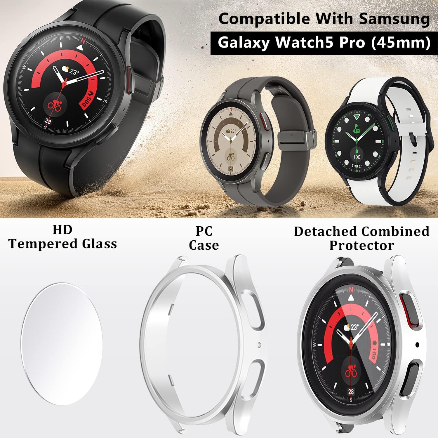 Protector de pantalla para Samsung Galaxy Watch5 Pro de vidrio templado de pantalla ultra transparente desmontable y funda protectora mate