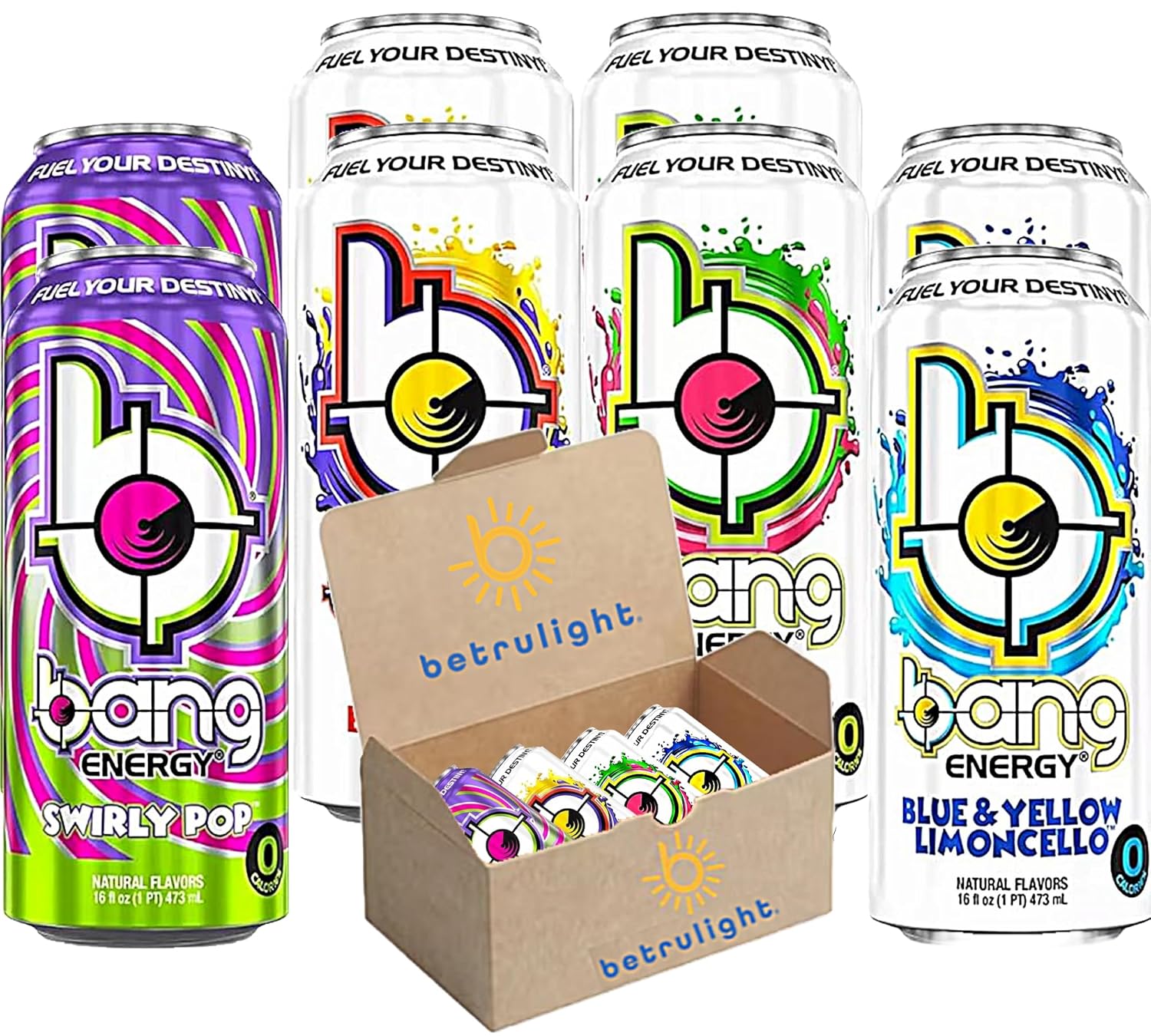 Bang Energy Drinks  Paquete variado rosa de Swirly Pop  Limoncello azul y amarillo  Wyldin Watermelon  Nectarina Blueberry  Cero calorías  Bebidas