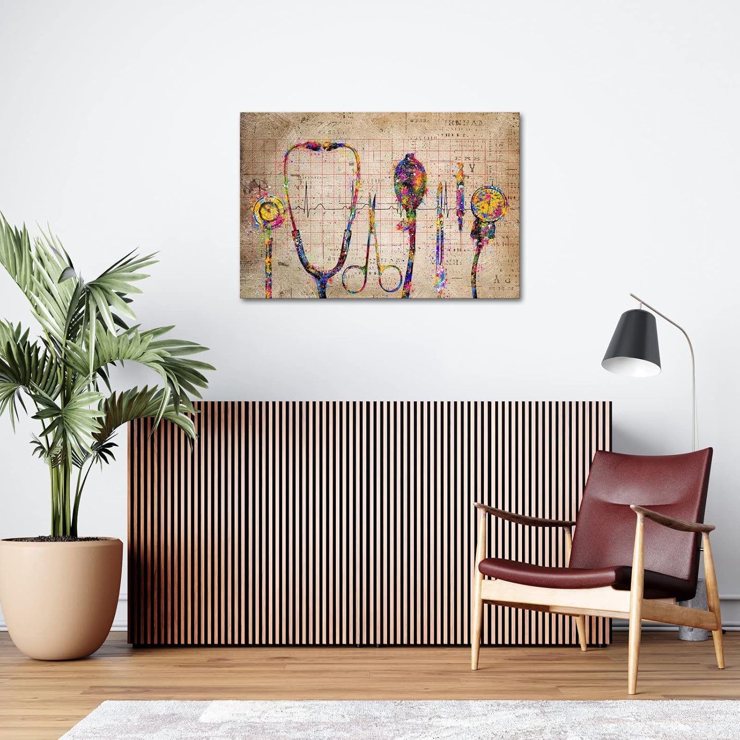 iHAPPYWALL Lienzo médico grande para pared, diseño abstracto, estetófono, cronómetro, aparato médico, herramientas modernas, escénico, hospital,