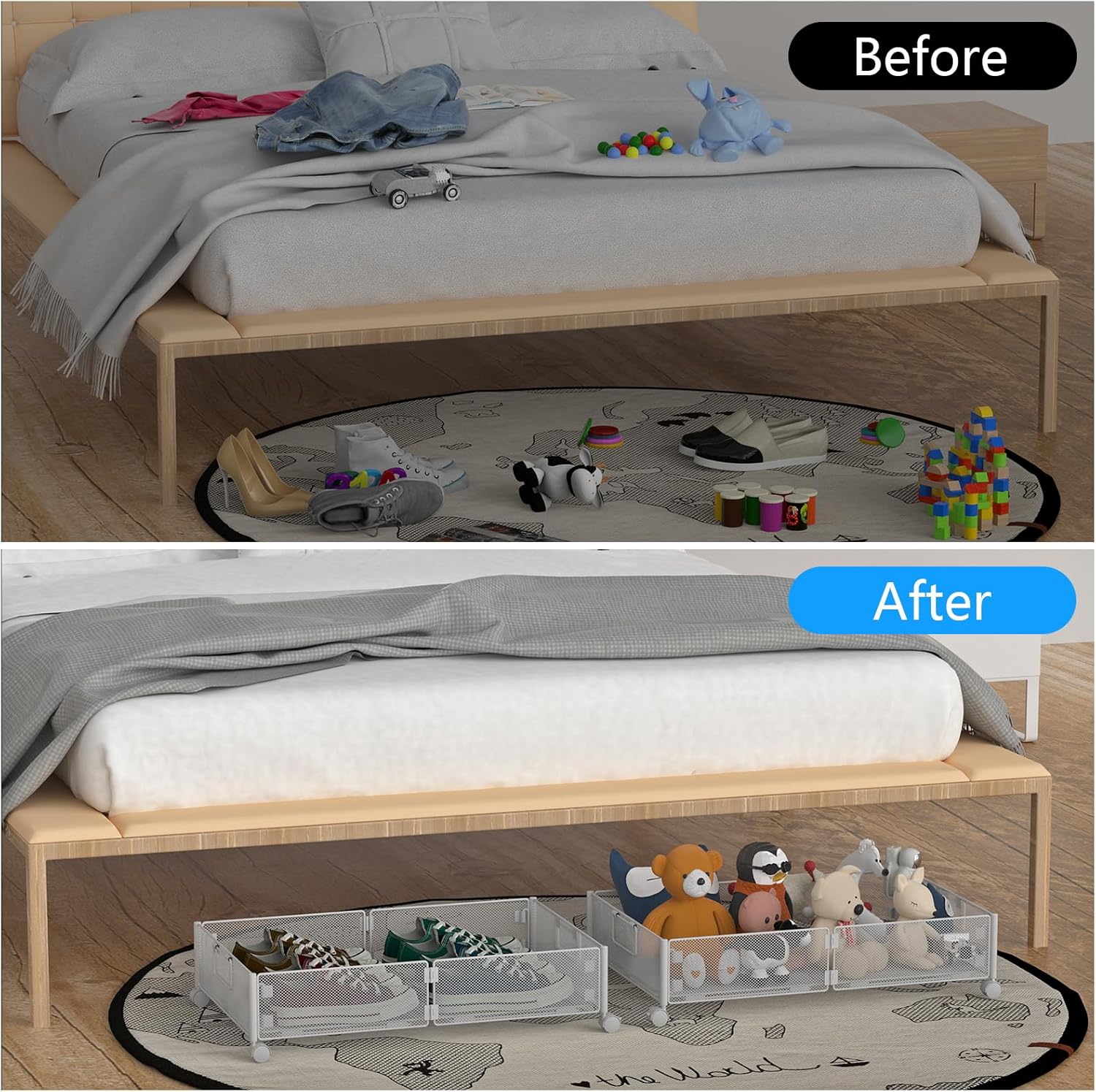 Contenedores de almacenamiento debajo de la cama, almacenamiento debajo de la cama con ruedas, organizador de zapatos debajo de la cama con asas,