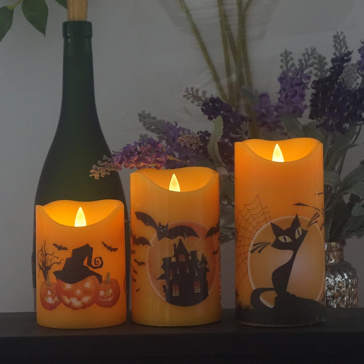 7LinRay Velas parpadeantes sin llama de Halloween con control remoto y temporizador, velas LED de cera real que funcionan con pilas, con calabaza,