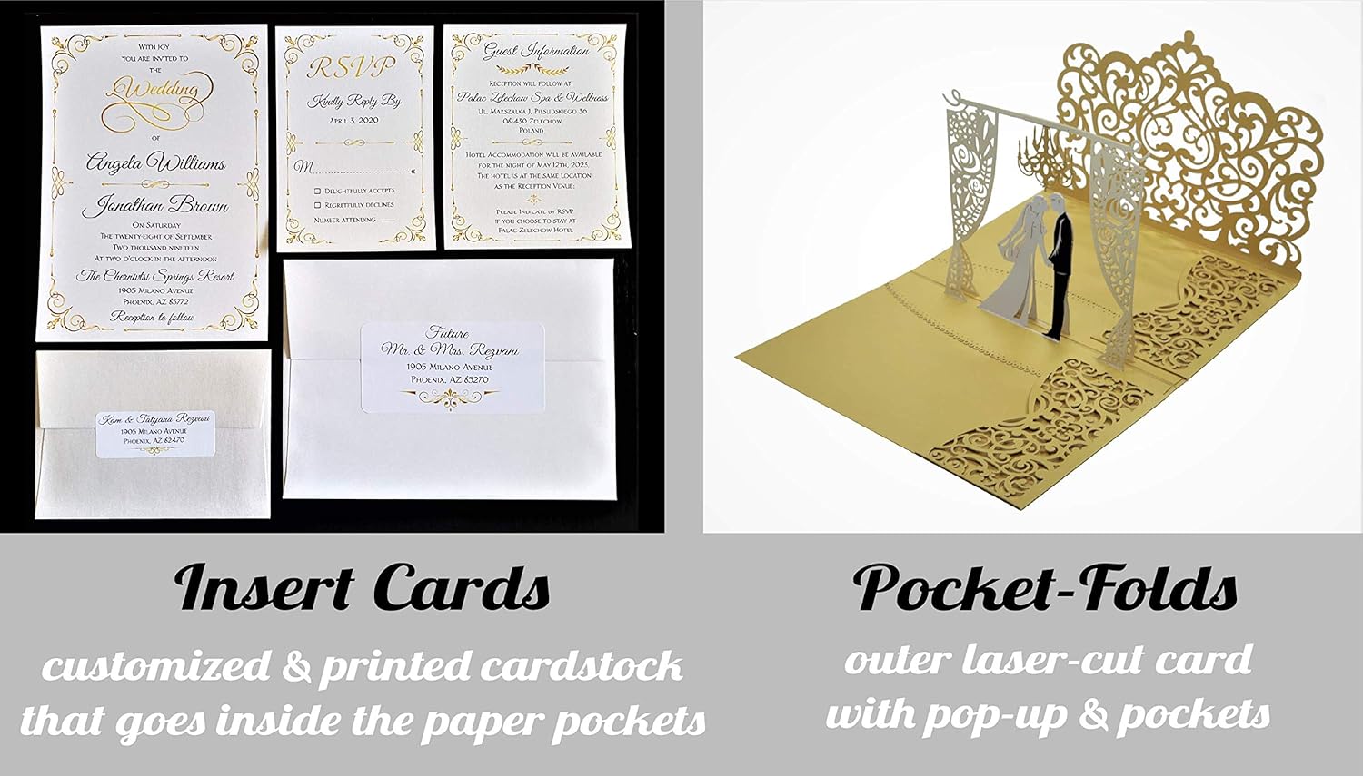 Invitaciones de boda con sobres, invitaciones de boda personalizadas con sobres y opciones rsvp disponibles. Invitación de boda emergente (Palmas)