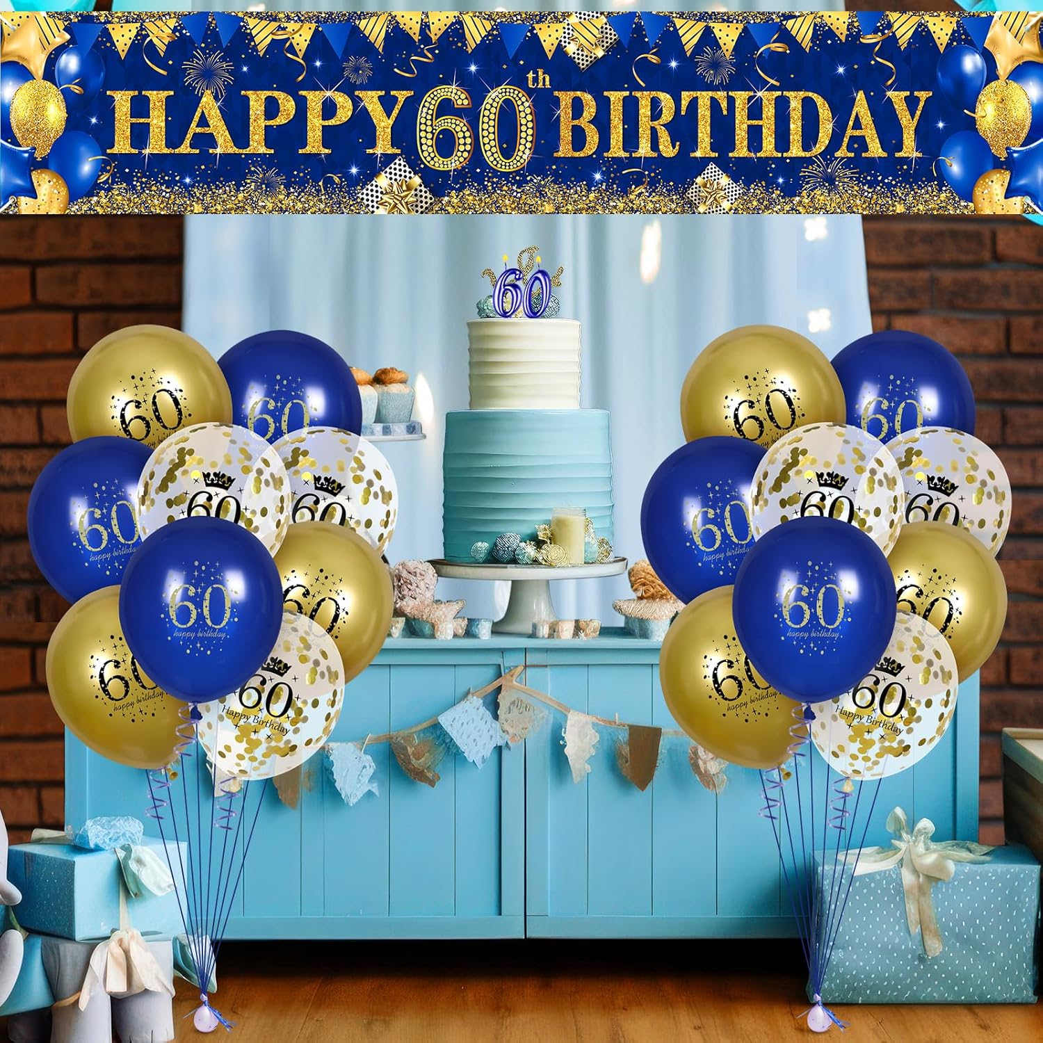 Globos de decoración de cumpleaños n. 60 en color azul dorado para hombres y mujeres, azul marino y dorado para fiesta de cumpleaños n. 60, pancarta