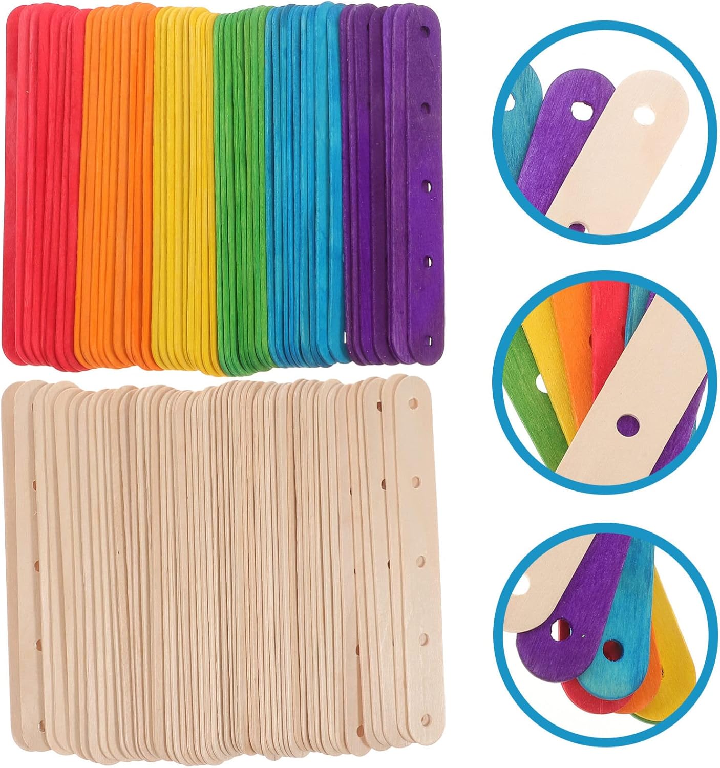 MAGICLULU 100 palitos de madera coloridos para helados con agujeros, colores mixtos, palitos grandes de madera para manualidades (colorido + color