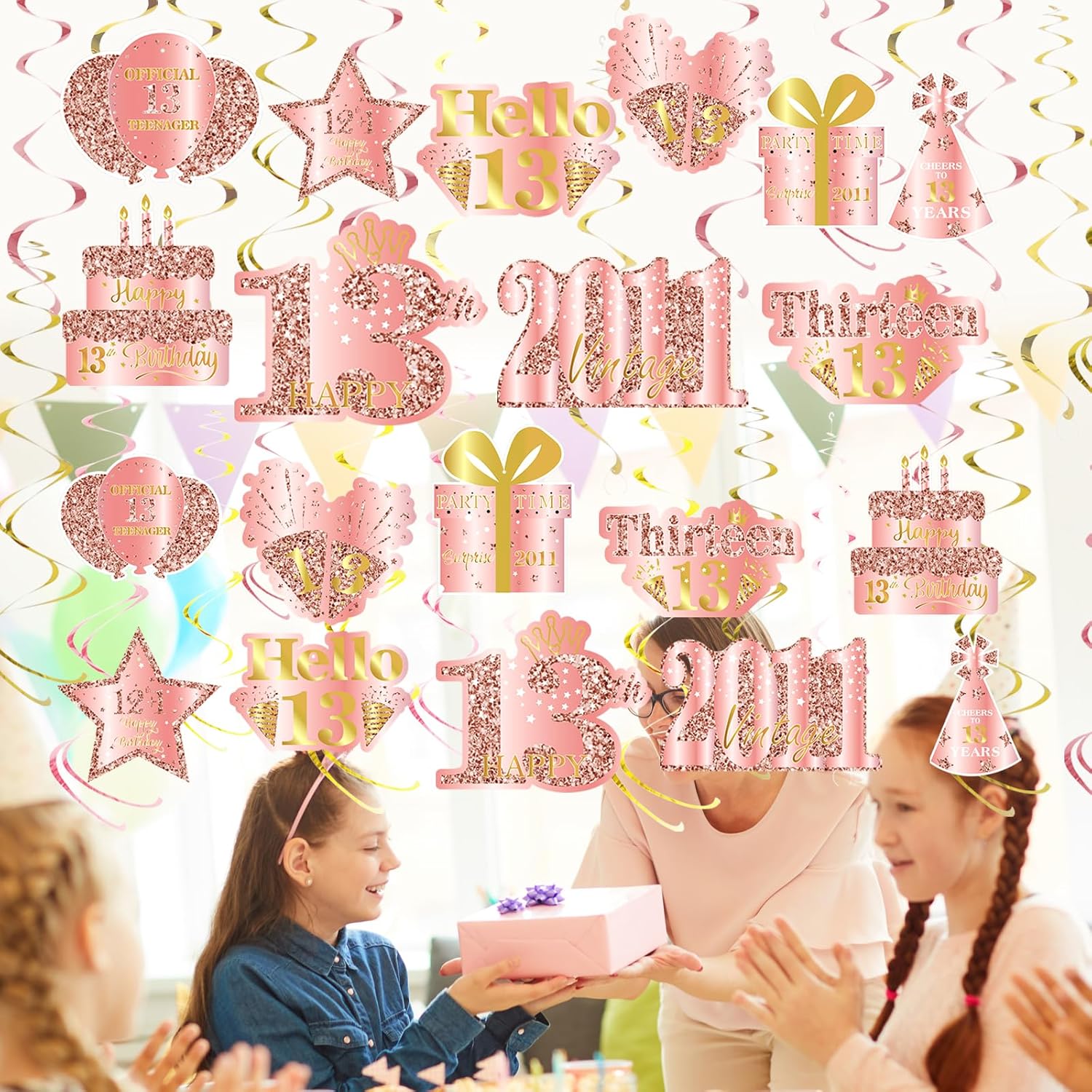 36 piezas de decoración de cumpleaños de 13 años de color rosa dorado para niñas, suministros de fiesta de feliz cumpleaños 13, espirales de