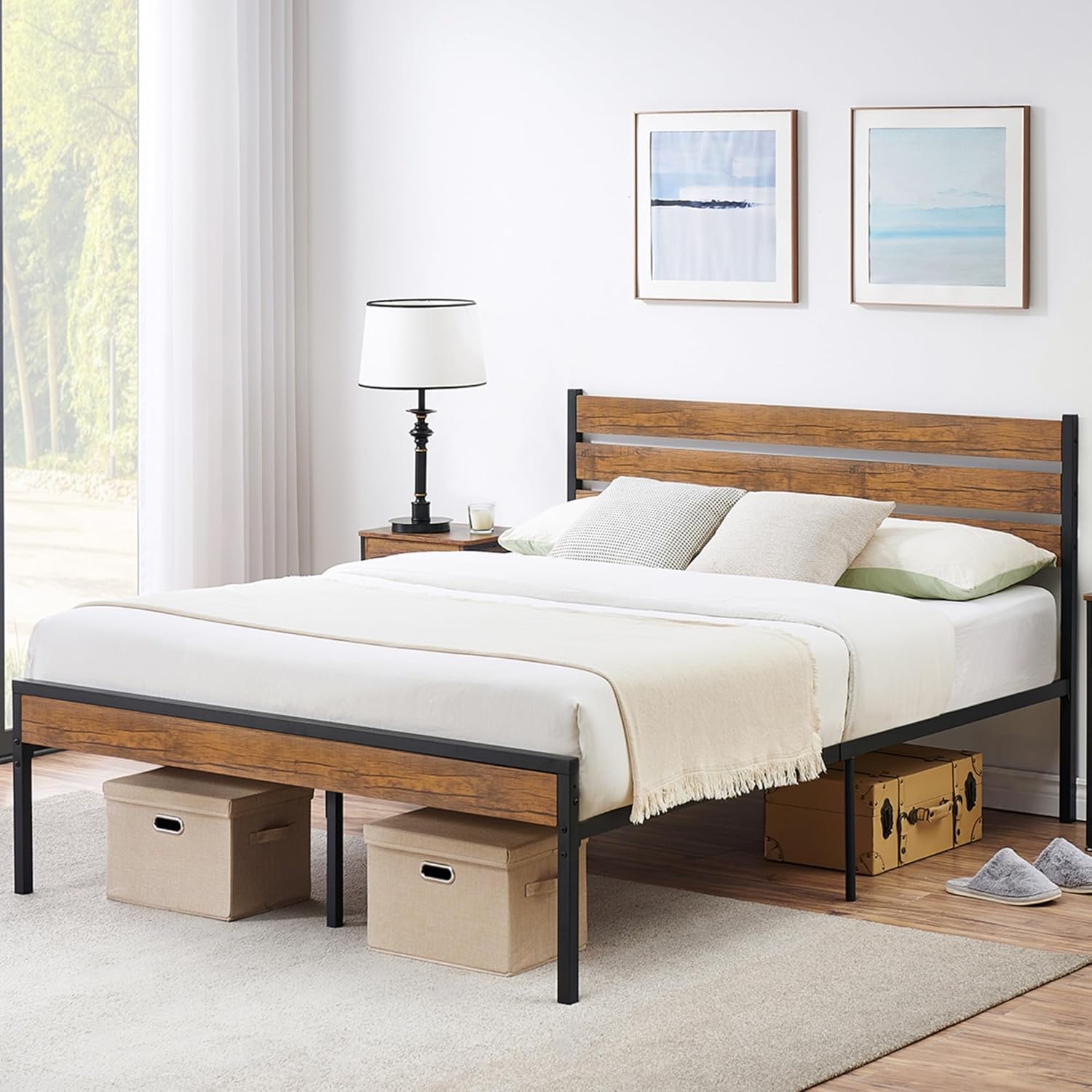 IDEALHOUSE Base de cama Queen con cabecera de madera rústica vintage, marco de cama tamaño Queen con almacenamiento, base de colchón, soporte de