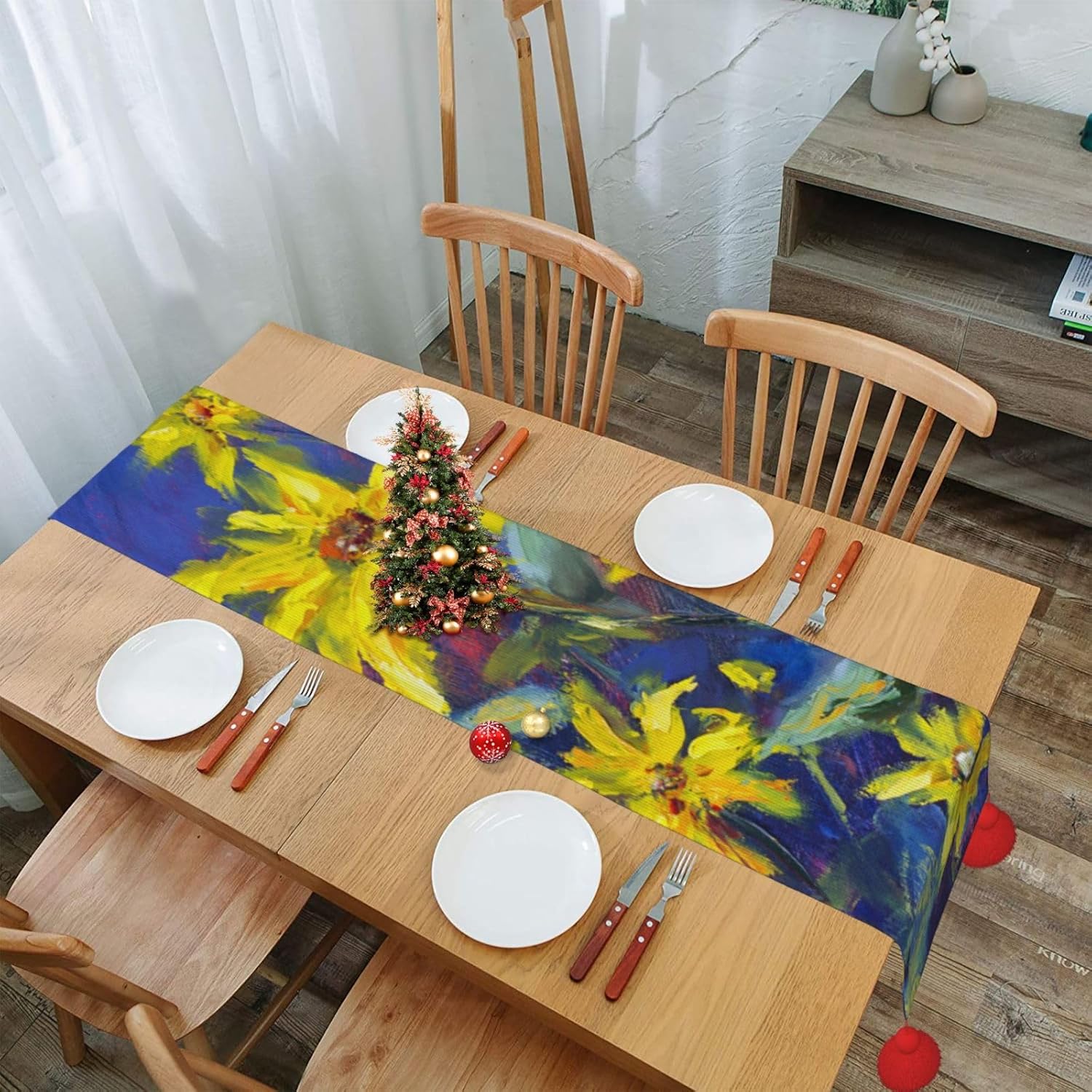 Yellow Flowers on Blue Background Christmas Table Runner Dining Table Decor Christmas Decorations Indoor Home Decor Christmas Table Runners Xmas