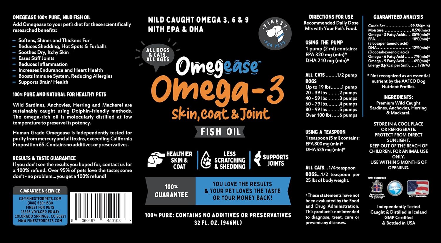 Aceite de pescado 100% puro, con omega 3, 6 y 9 para perros y gatos, 32 onza
