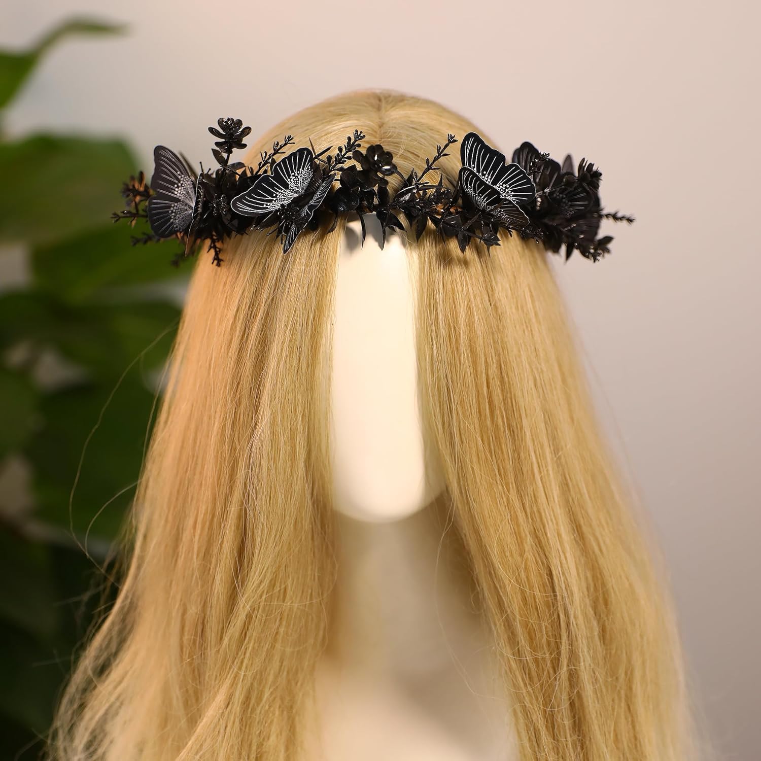 MOSTORY Corona de mariposa de flores negras hecha a mano, diadema de elfo gótico, diadema floral de hada, corona oscura para mujeres y niñas,
