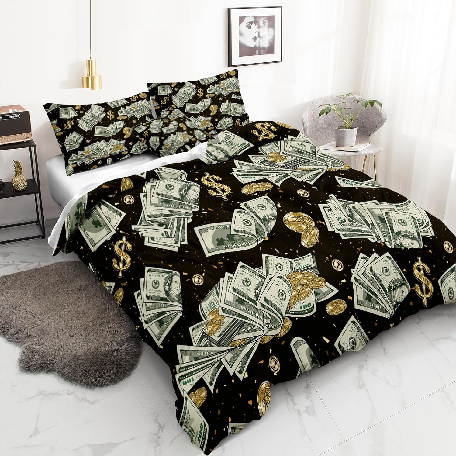 Merryword Juego de funda de edredón de lujo, tamaño King, juego de cama de billetes de dólar, patrón de monedas doradas abstractas, ropa de cama de