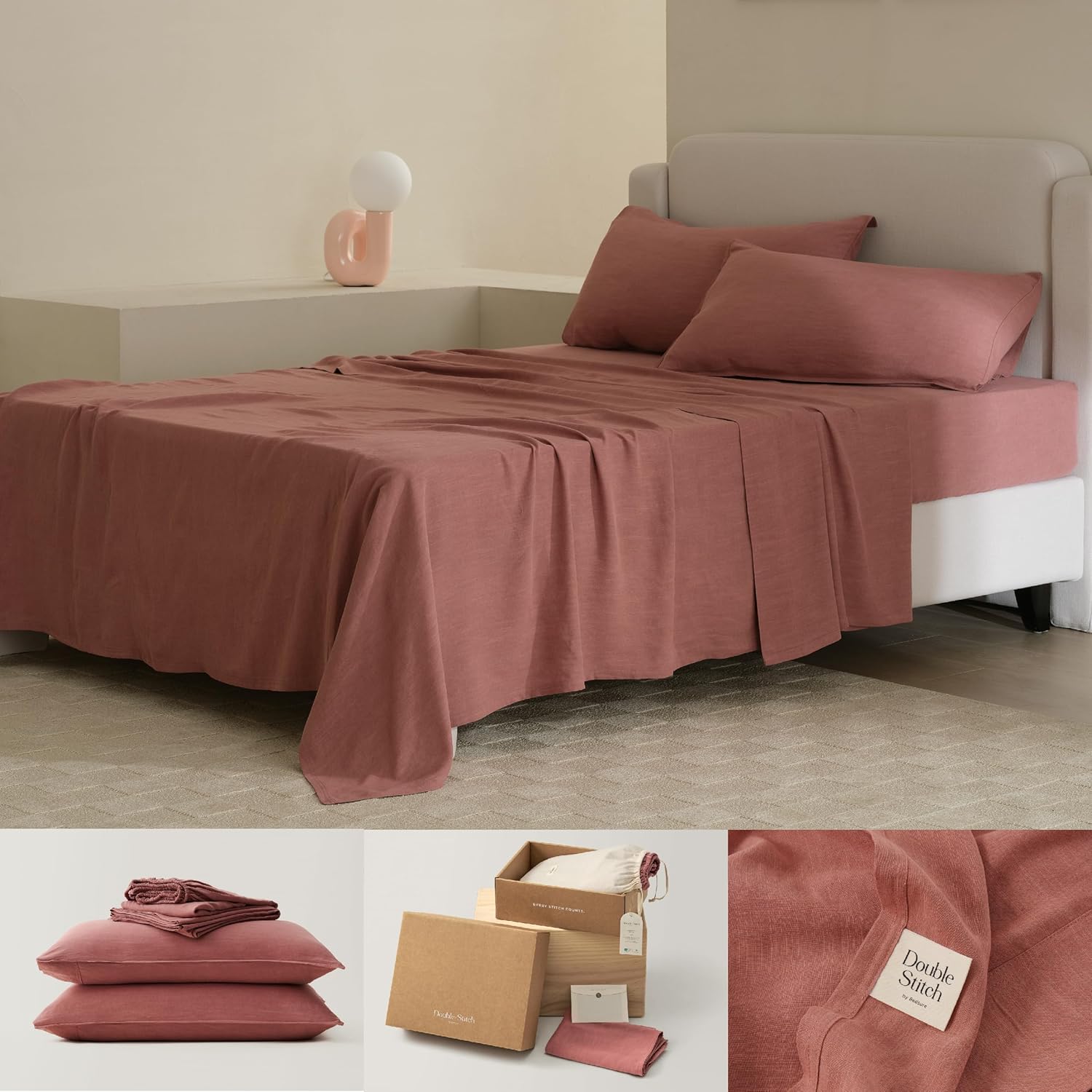 Double Stitch by Bedsure Sábanas de lino Tencel, presentadas en USA Today, juego de sábanas Queen con bolsillo profundo de hasta 16 pulgadas,