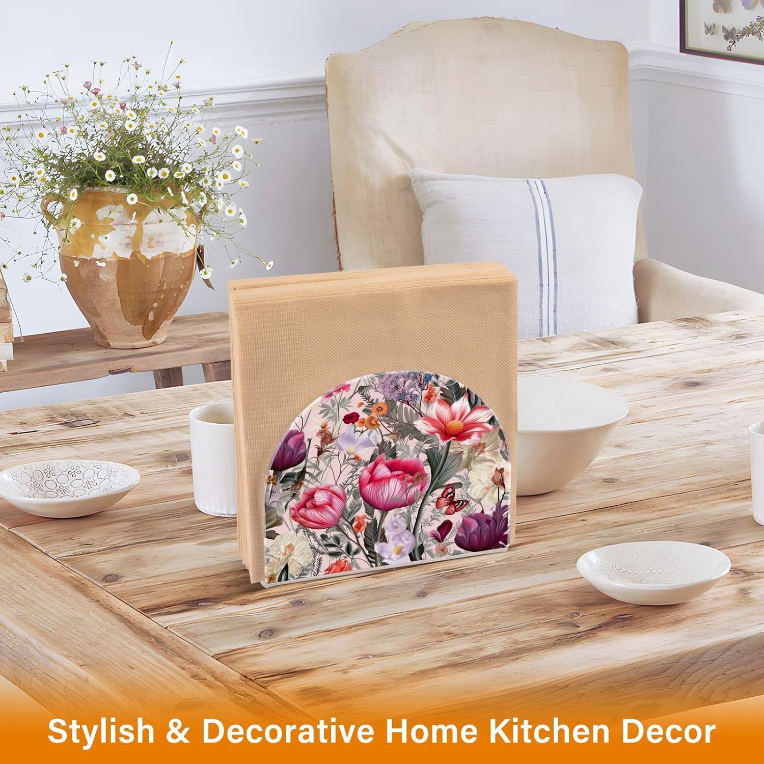 Napkin Holder Rustic Floral Butterfly Napkin Holders for Tables, Clear Acrylic Napkin Holders Cocktail Napkin Holder for Kitchen Restaurant Bar Home