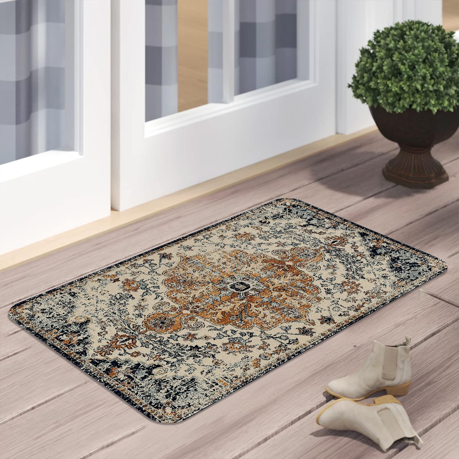 Tapete de estilo bohemio, tapete de bienvenida para entrada interiorexterior, antideslizante, lavable a máquina, tapete bohemio para casa de campo,