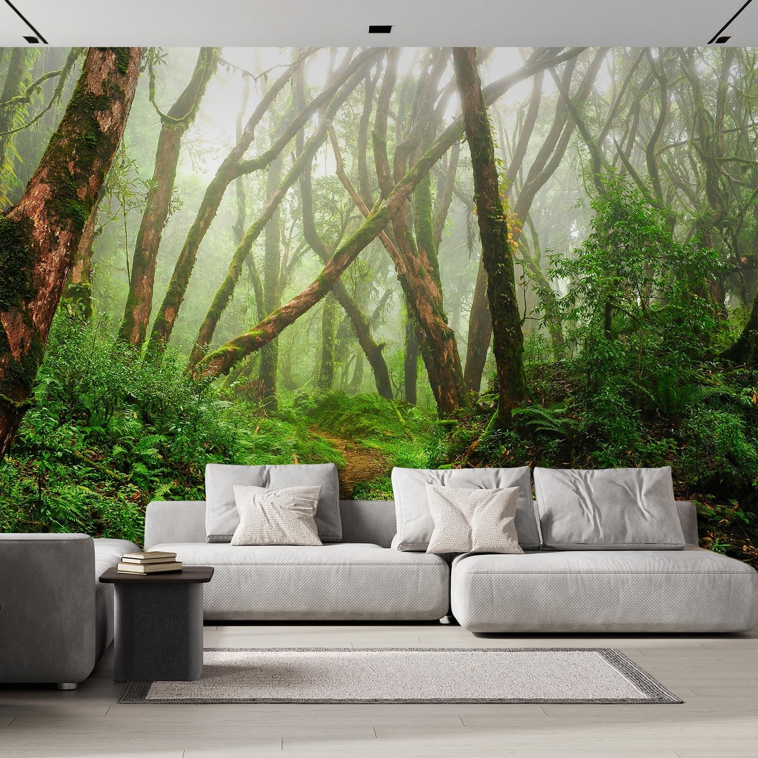 wall26 Adhesivo mural removible Camino brumoso a través del bosque de árboles verdes, naturaleza, desierto, fotografía, realismo, paisaje rústico,