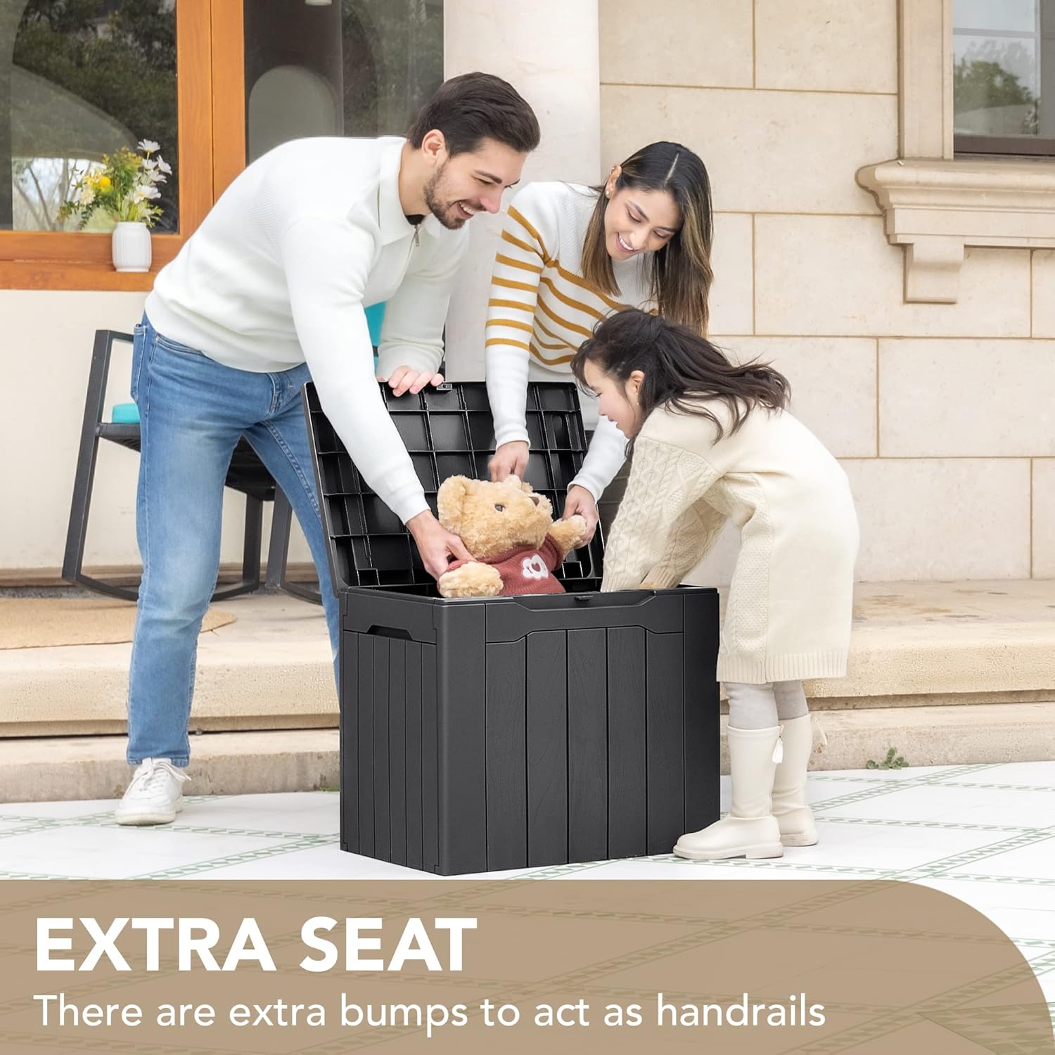 Devoko Caja de resina de 30 galones para interiores y exteriores, caja de almacenamiento impermeable para patio, piscina, accesorios de