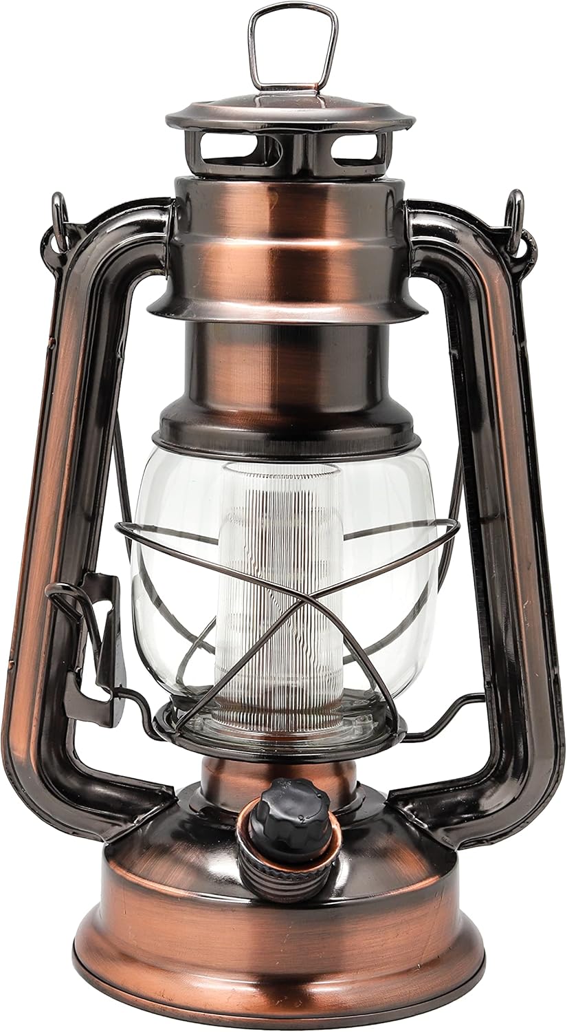 YAKii Linterna LED vintage de metal colgante de huracán, 12 luces LED, interruptor de atenuación, blanco cálido, funciona con pilas, linterna de