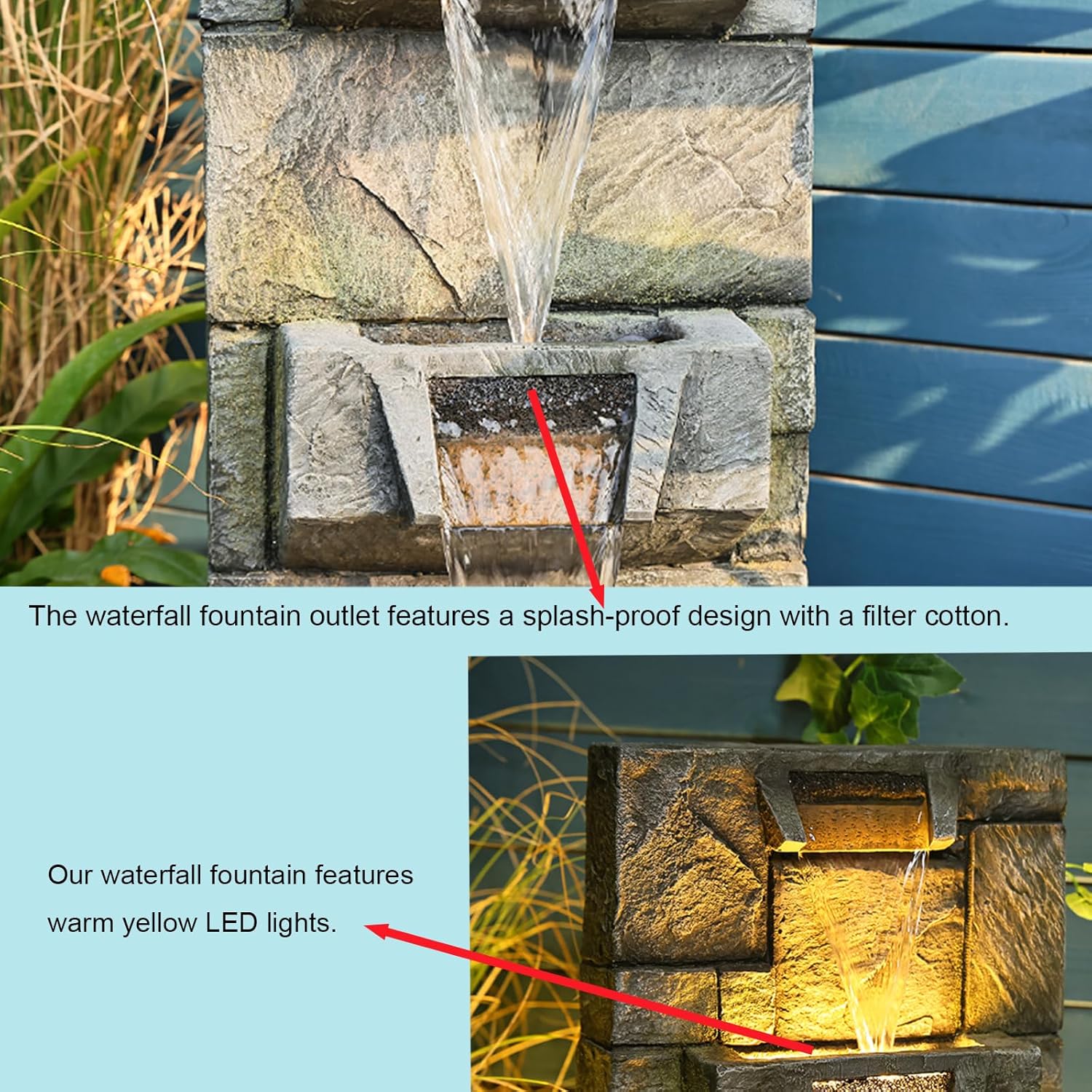 Fuente de agua para exteriores, fuente de agua para interiores y exteriores, cascada de 32.28 pulgadas con bomba de luces para jardín, patio,