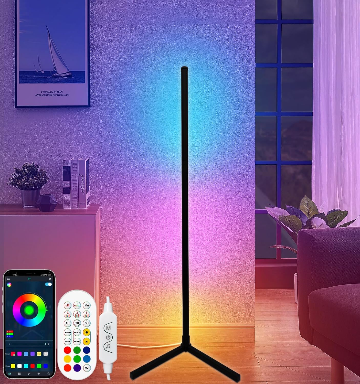 Lámpara de pie de esquina RGB, iluminación de estado de ánimo que cambia de color con aplicación y control remoto, sincronización de músicacolores