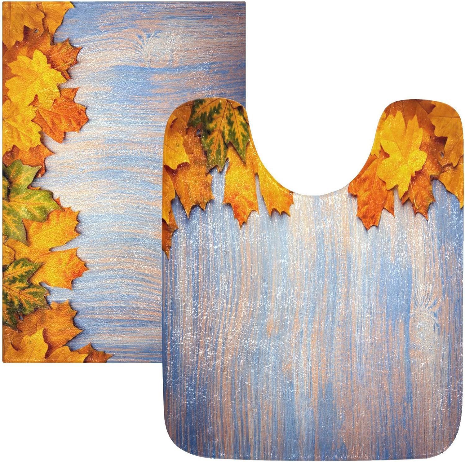 Bathroom Rugs Sets 2 Piece 24×16+24×20 Inch,Soft U-Shaped Contour Toilet Rug Yellow Maple Leaf Non-Slip Absorbent Bath Floor Mat Carpet Set Water