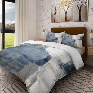 Batmerry Juego de edredón de 3 piezas de tamaño matrimonial, diseño de pintura abstracta azul y gris, 100% algodón, para todas las estaciones Batmerry Juego de edredón de 3 piezas de tamaño matrimonial, diseño de pintura abstracta azul y gris, 100% algodón, para todas las estaciones