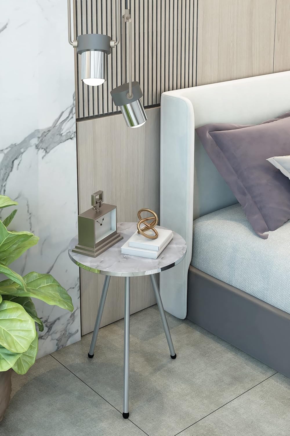 SUNRISE HOME DECOR – Juego de 2 mesas auxiliares redondas de madera con aspecto de mármol para espacios pequeños, mesita de noche, mesa de noche,