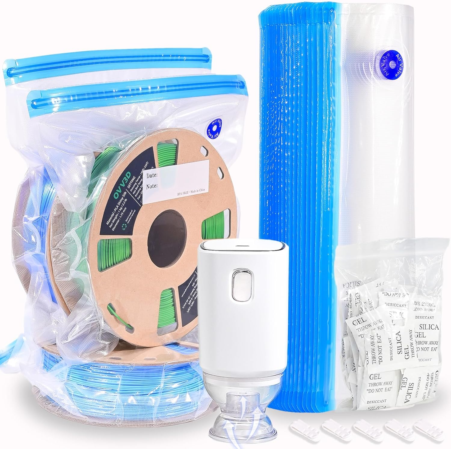 OVV3D – Juego de 66 bolsas de almacenamiento de filamentos para impresora 3D, 30 bolsas selladas al vacío con 30 piezas de desecante, bomba