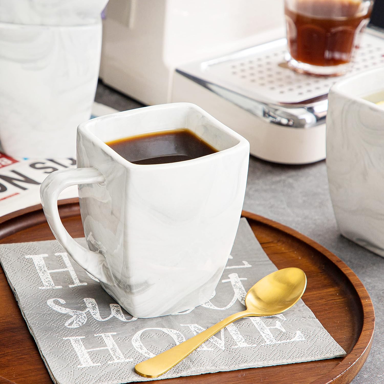 MALACASA Juego de tazas de café, tazas cuadradas de porcelana de 12 onzas, juego de 6, tazas de té de mármol con asa para expreso, capuchino, té y