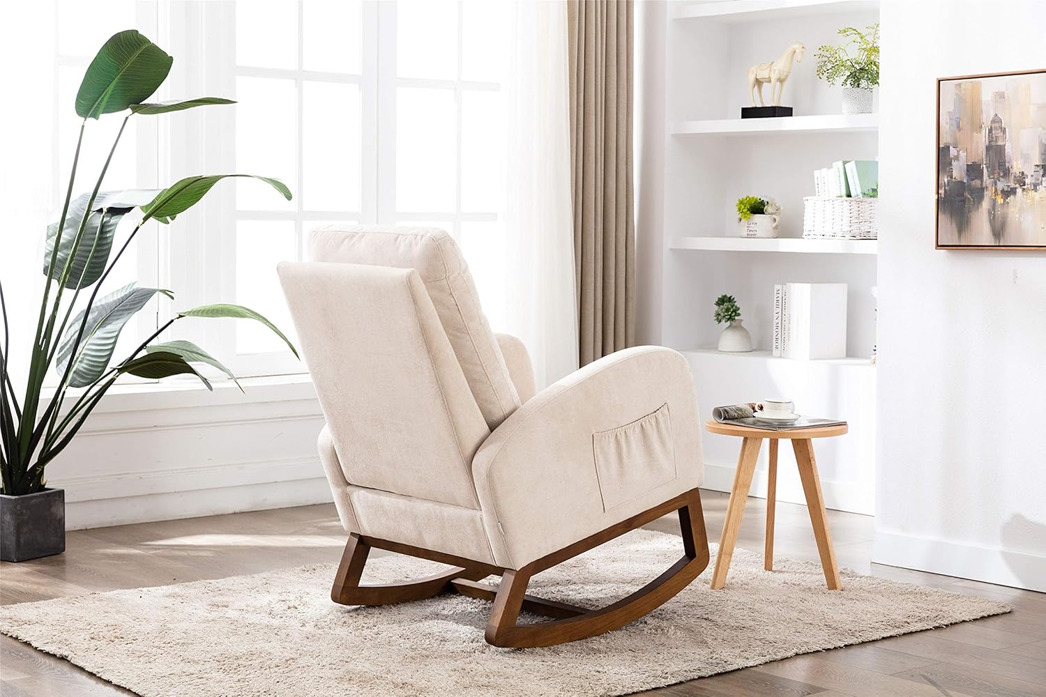 SSLine Mecedora tapizada, moderna y cómoda, de tela, para sala de estar, dormitorio, sala de estudio, silla mecedora de oficina (beige)