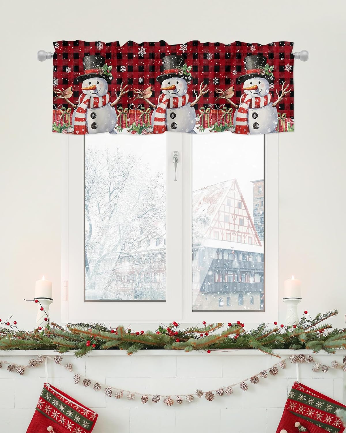 Cenefa de cocina de muñeco de nieve de Navidad, cenefas de ventana de búfalo rojo y negro, cortinas cortas con bolsillo para barra, cenefas de