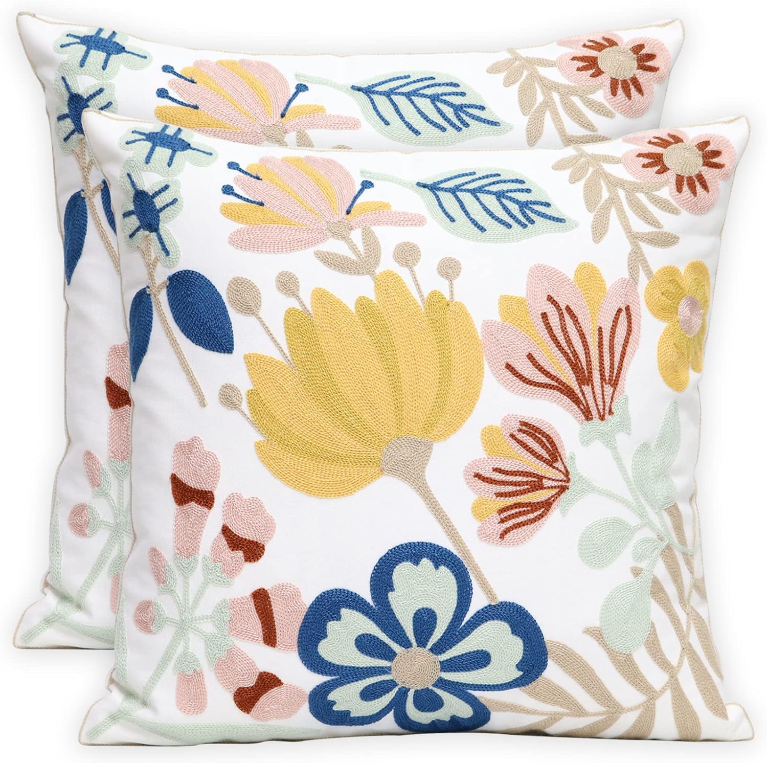 Pilmandu Paquete de 2 fundas de almohada decorativas bordadas de 18 x 18 pulgadas, fundas de almohada florales de granja para sala de estar, sofá