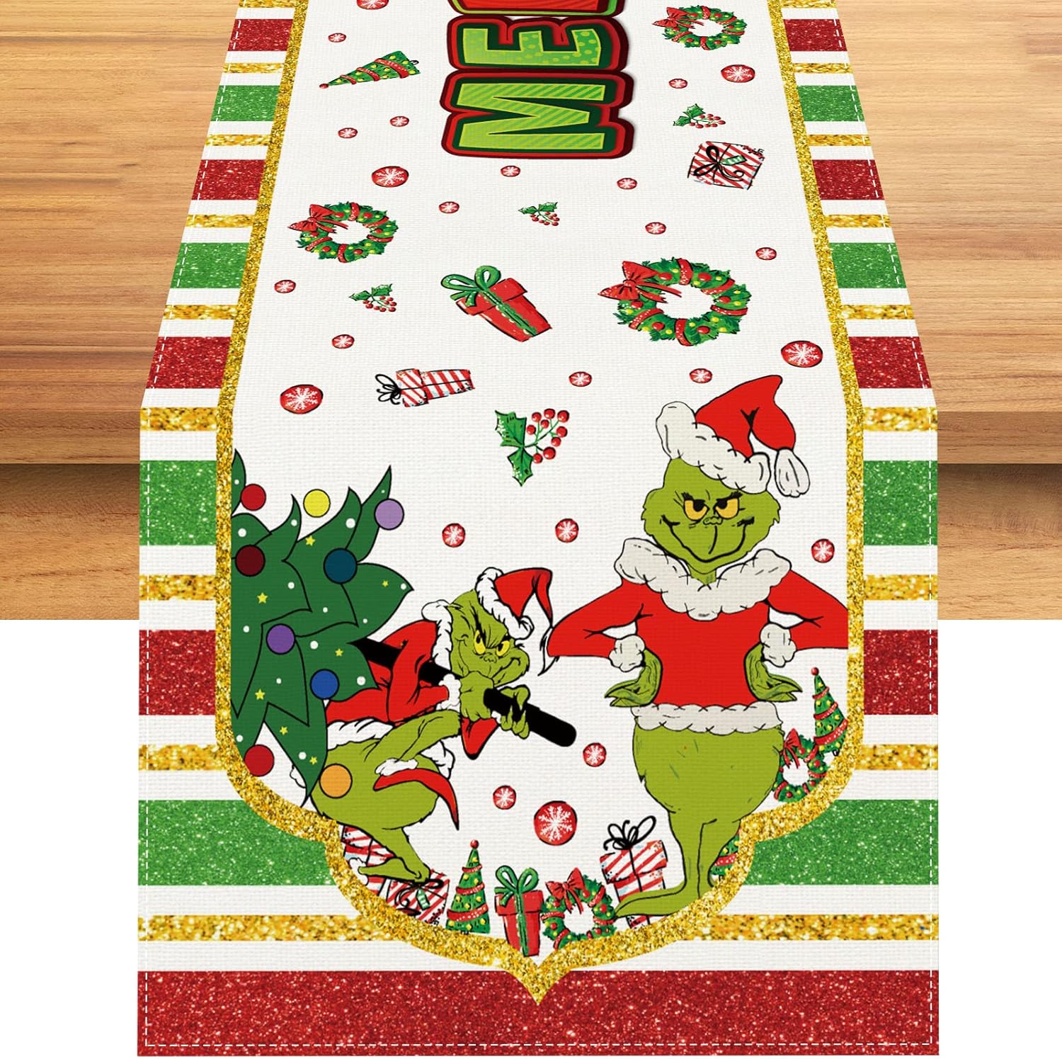 Camino de mesa navideño de lino Grinch con texto en inglés “Merry Grinchmas”, decoración y suministros para el hogar, mesa de cocina, 13 x 72