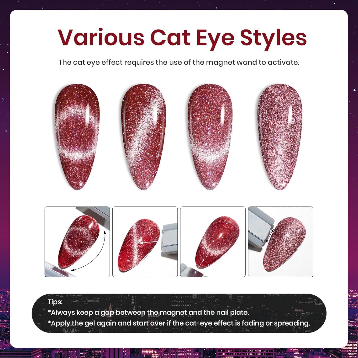 Beetles – Juego de 6 esmaltes de uñas de gel con purpurina holográfica de ojo de gato, rojo, morado, azul, con imán, para primavera, semipermanente,