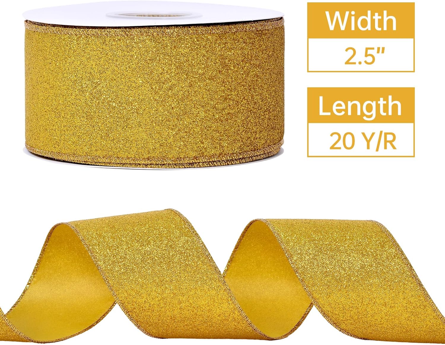 YAMA Cinta con alambre con purpurina, oro amarillo, 2-12 pulgadas x 20 yardas, para Navidad, envoltura de regalos, coronas, manualidades, arco y
