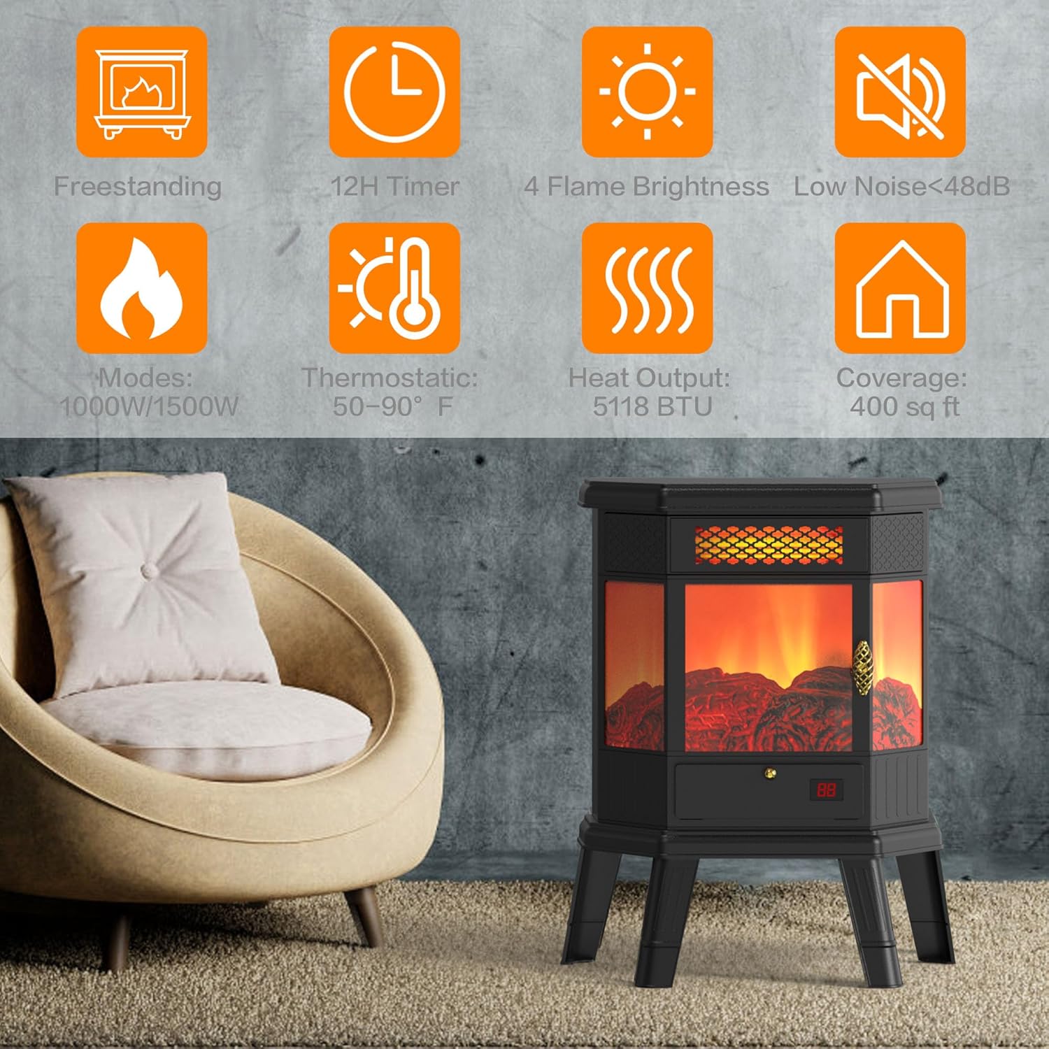 Calentador eléctrico de chimenea de 22 pulgadas, estufa de chimenea infrarroja RealSmart con efecto de llama 3D, control remoto, temporizador,