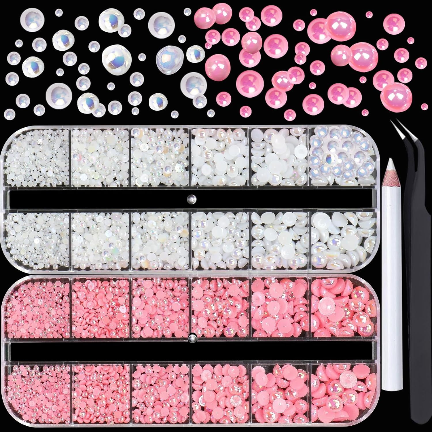 3000 piezas de uñas con parte trasera plana, semiredondas, perlas de uñas blancas y rosadas, perlas de resina de 6 tamaños para uñas, diamantes de