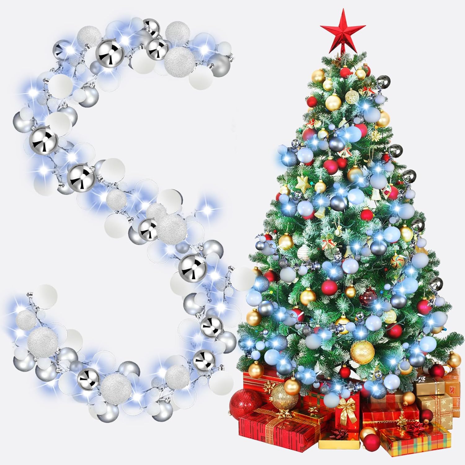 Guirnalda de bolas de Navidad de 6 pies con luces LED, guirnalda de bombillas iluminadas de Navidad, decoración de bolas de árbol de Navidad,