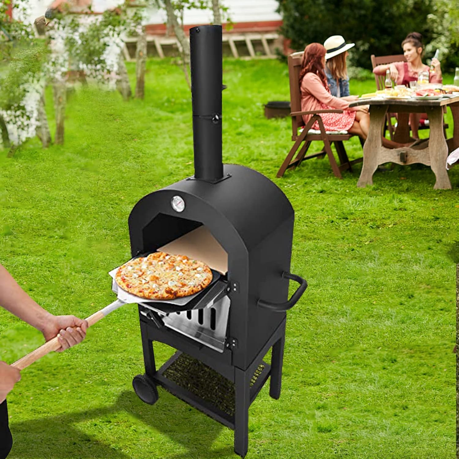 Horno de pizza al aire libre, horno de pizza de leña para exterior, horno de acero independiente con 2 ruedas, ideal para barbacoa, camping, fiesta