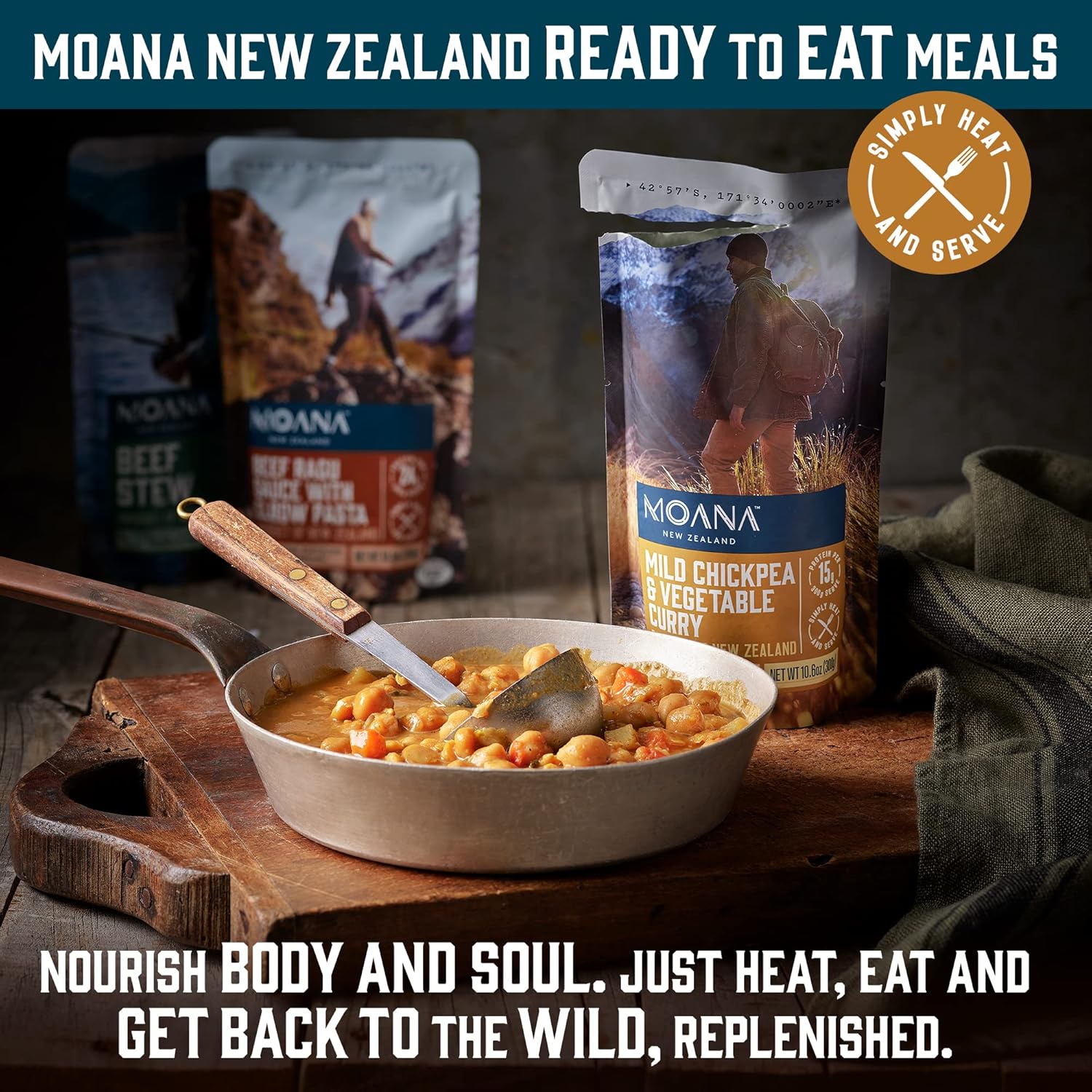Moana Alimentos para acampar de Nueva Zelanda Paquete de 10  5 salsa de ragú de carne con pasta de codo, 5 garbanzos suaves y curry de verduras,