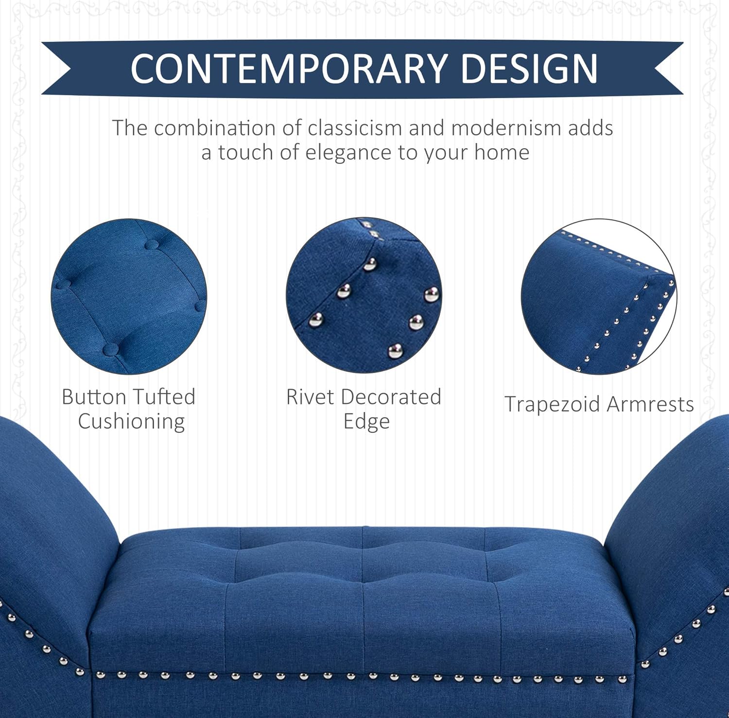 HOMCOM Moderno banco otomano tapizado de tela decorativa para dormitorio o sala de estar, color azul
