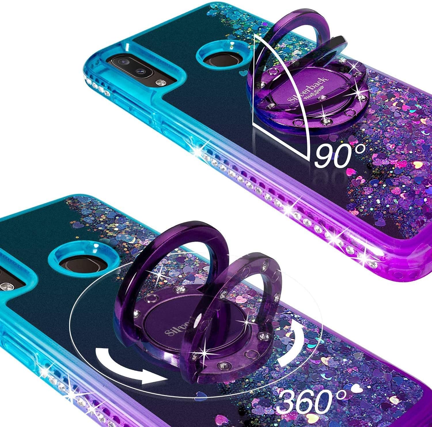 Silverback Funda para Galaxy A10S, funda holográfica con purpurina líquida móvil con soporte, anillo de parachoques de diamantes de imitación